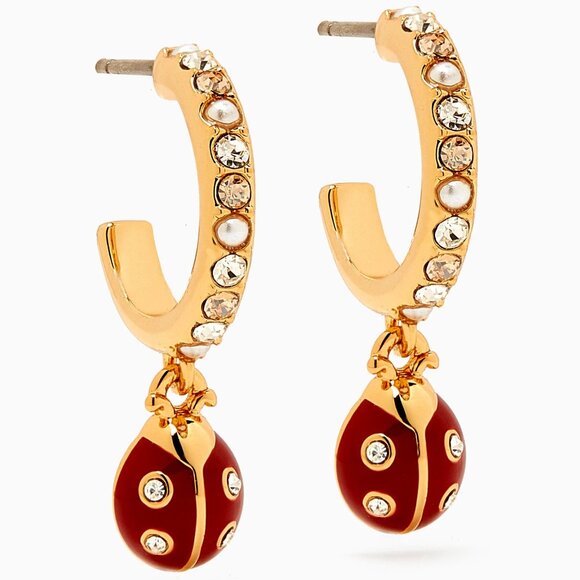 COACH Red Ladybug Pave Huggie Earrings in Gold-plated Brass NWT - Picture 1 of 4